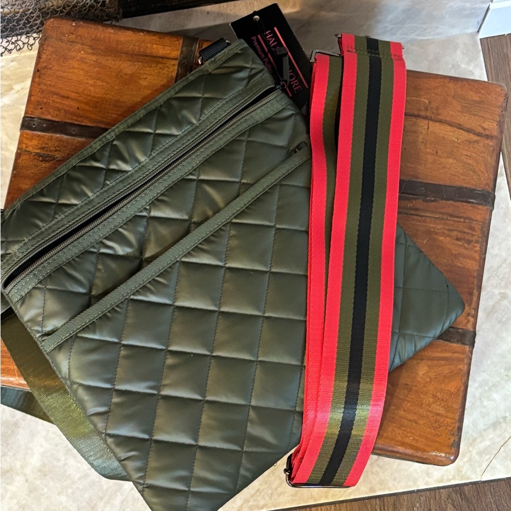 HAUTE SHORE Green Quilted Messenger Bag with Red and Black Strap